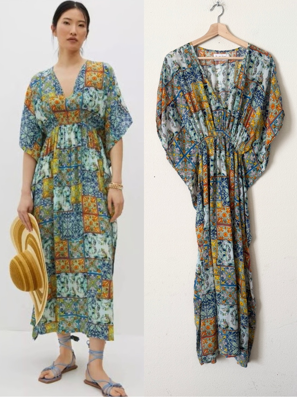 Rujuta Sheth ONE SIZE boho Vneck kimono sleeve long kaftan in tile print